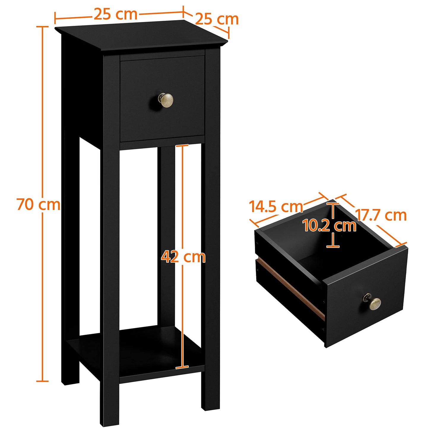 Yaheetech Set of 2 Tall Slim Bedside Tables with Drawer and Shelf, Black