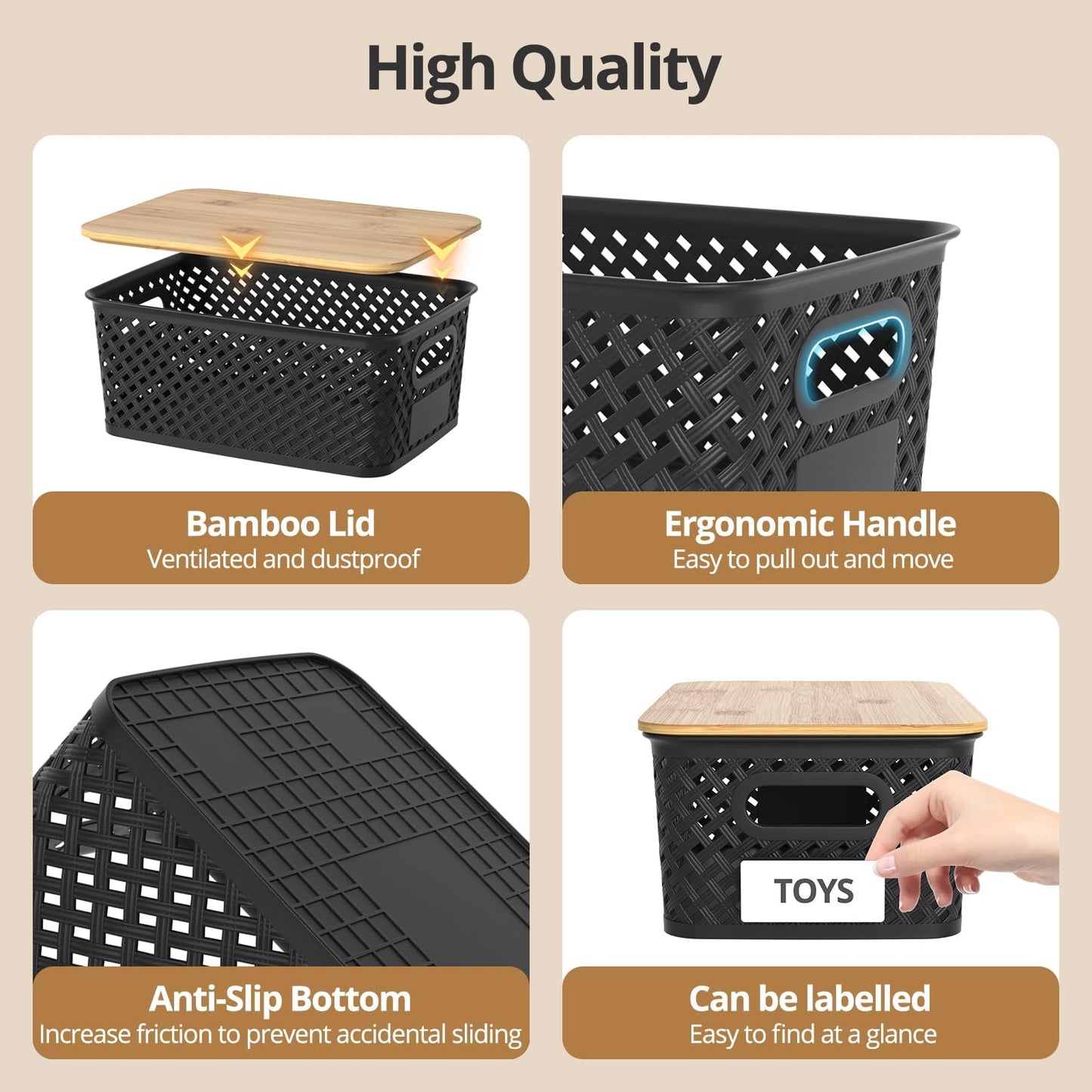 HapiLeap Plastic Storage Baskets With Bamboo Lid, Stackable Plastic Storage Boxes for Organizing Pantry Shelves Drawers Desktop Closet Playroom