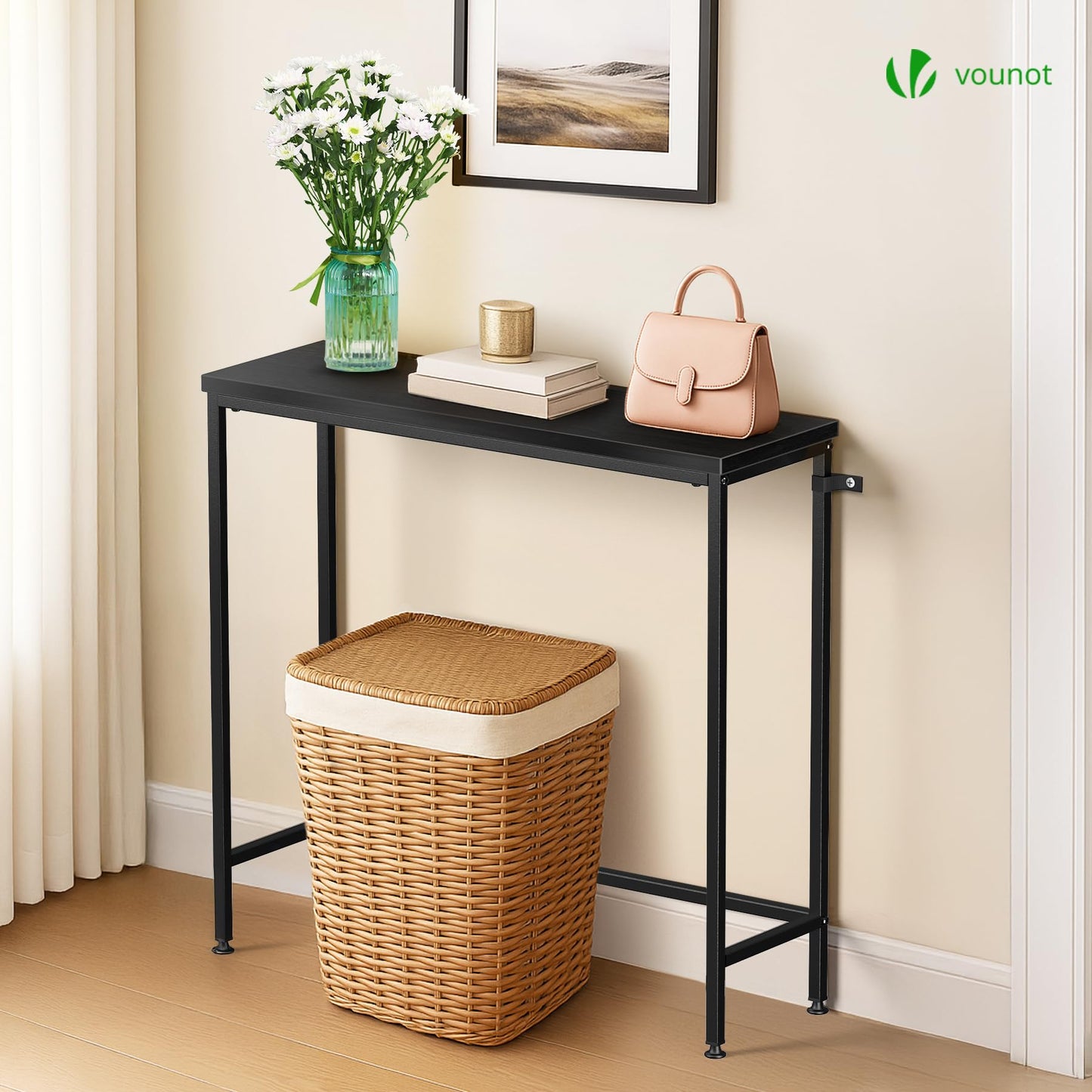VOUNOT® Slim Console Table, Metal Frame Entryway Table, Small Sofa Side Table for Hallway, Living Room or Bedroom, 75x24x75 cm, Black