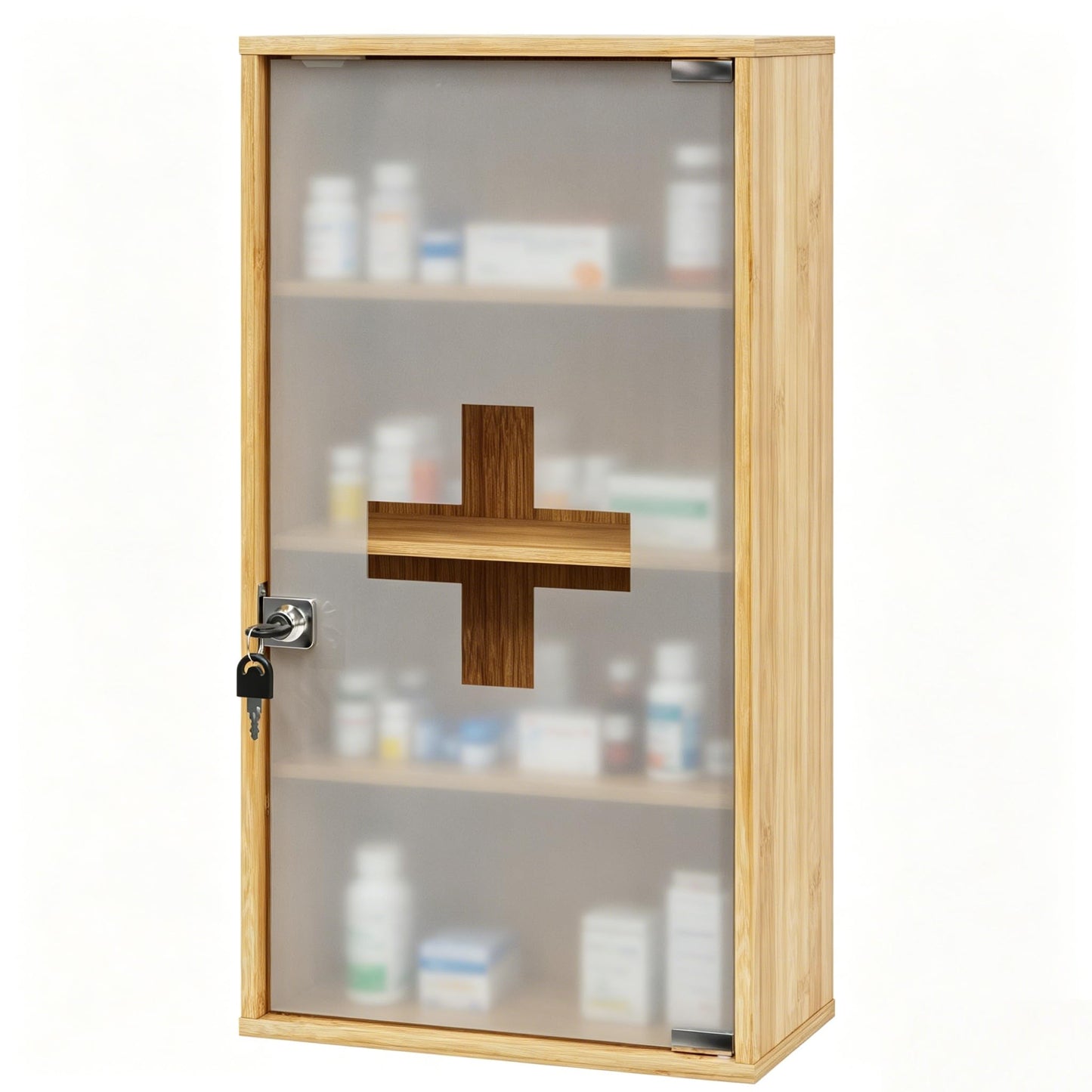 HEYZOEY Bamboo Medicine Cabinet with Lock, Wall Mounted Bathroom Storage Cabinet, Wooden Medicine Organiser for First Aid & Medicine Storage