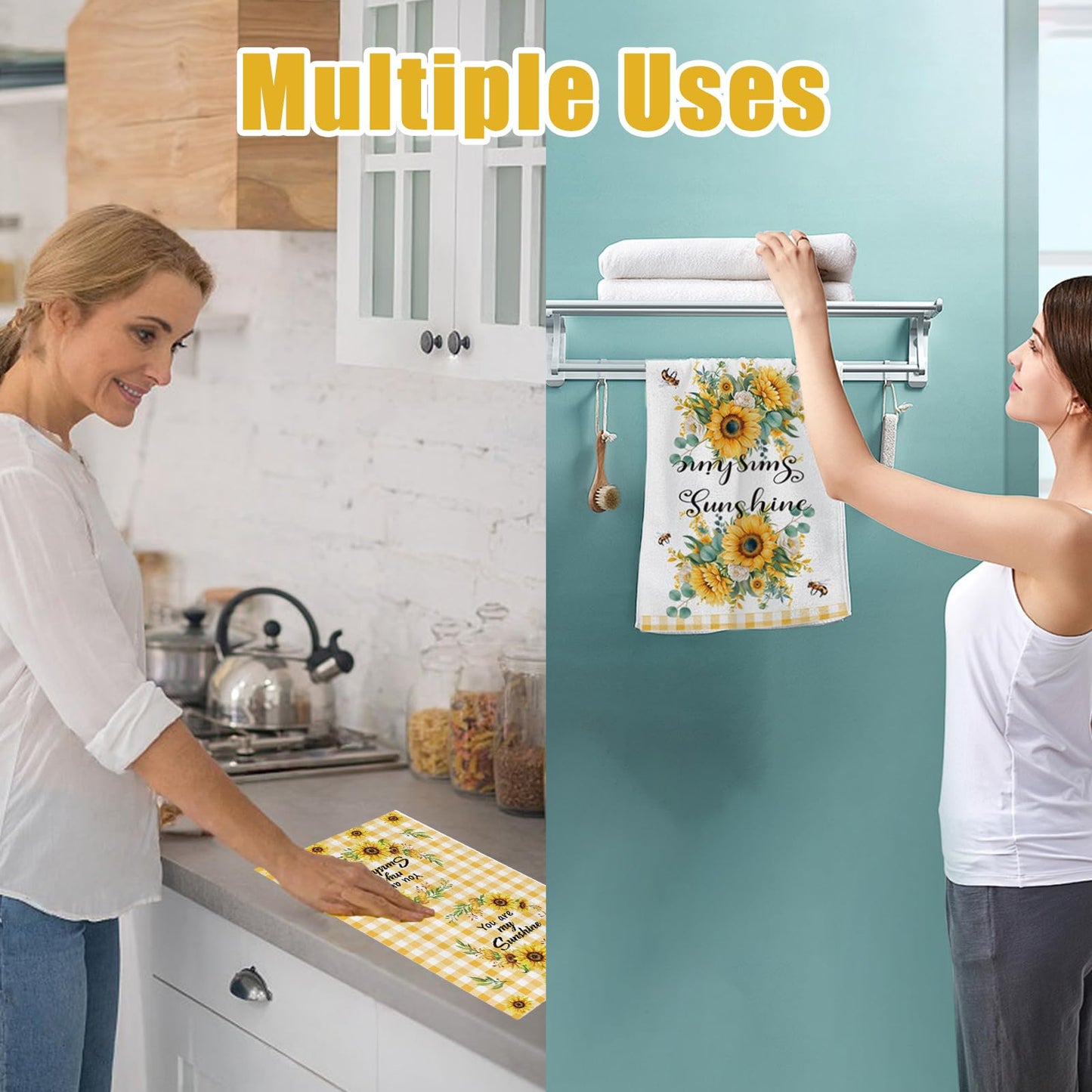 Sunflower Kitchen Towels, Microfiber Tea Towel, Soft Absorbent Quick Dry Reusable Dish Towel Set of 4, Hand Towels for Kitchen Drying