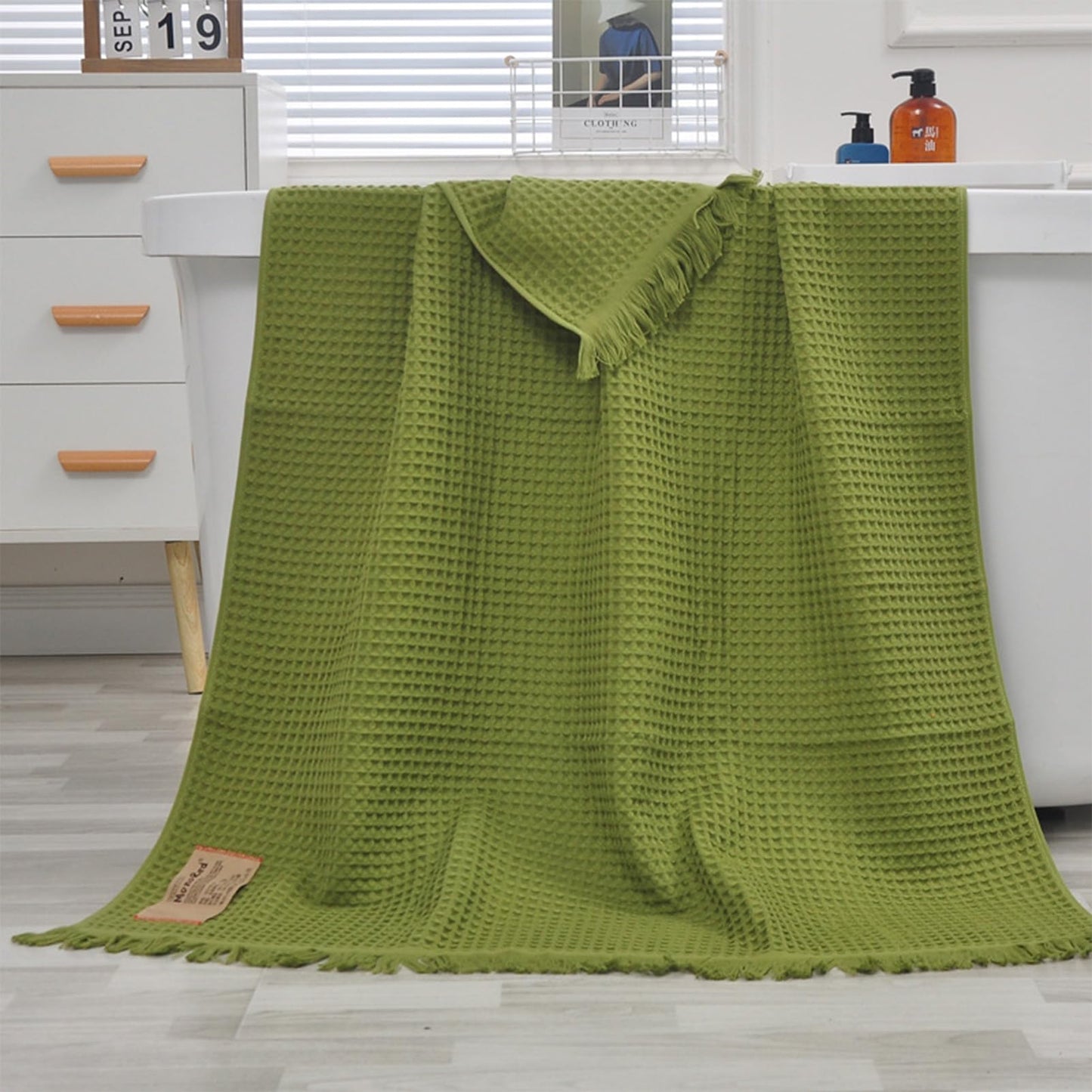 Jamron Pure Cotton Waffle Bath Towel Quick Dry Soft 180x90cm Large Bath Sheet Tassel Shawl SN079108 Green