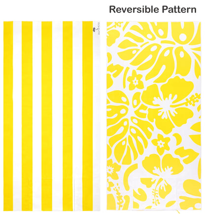 Olly & Rose Luxury Microfibre Extra Large Beach Towel with Zip Pocket and Inflatable Pillow and Reversible Pattern 100 x 200cm Yellow