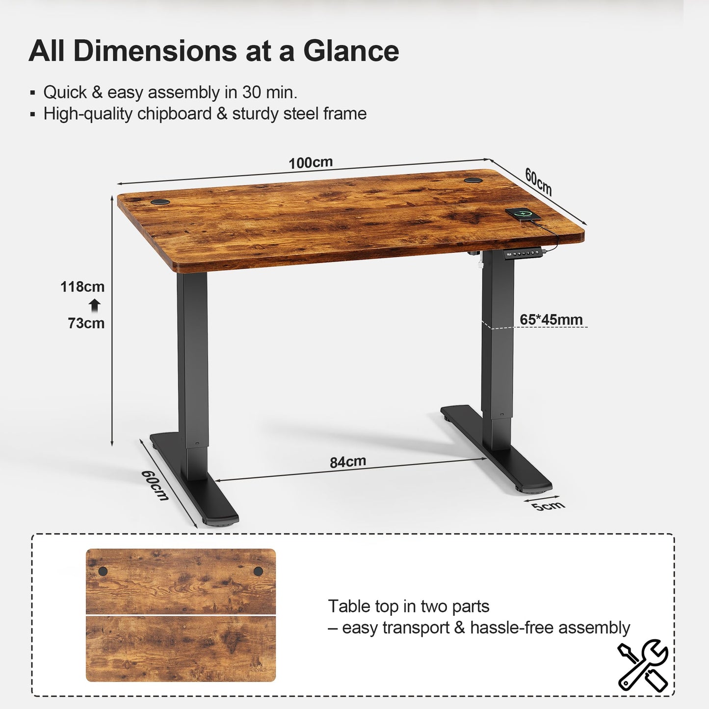 JUMMICO Electric Standing Desk 100x60cm – Height Adjustable with USB Charging, Sedentary Reminder, Memory Heights for Home Office Use, Rustic Brown