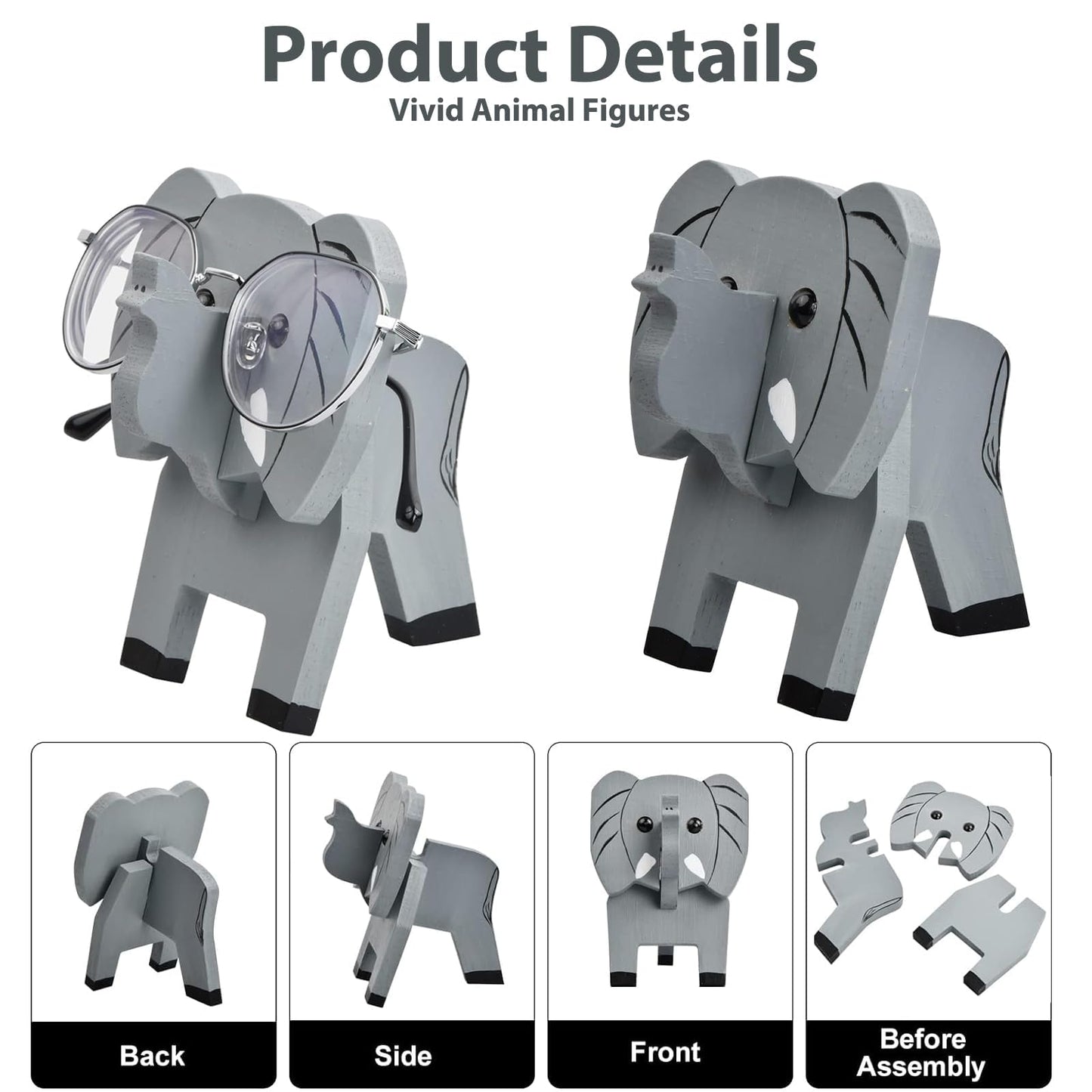 BRIOTA Elephant Shaped Glasses Holder, Animals Glasses Stand, 3D Puzzle Eye Glasses Holder Stand, Wooden Spectacle Holder