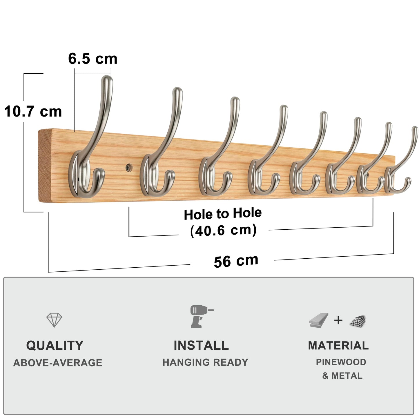 HONSKY Wall Coat Rack - 8 Double Hooks (56cm) | Wooden & Metal Towel/Coat Hanger for Entryway, Bathroom, Bedroom, Garage | Easy Install