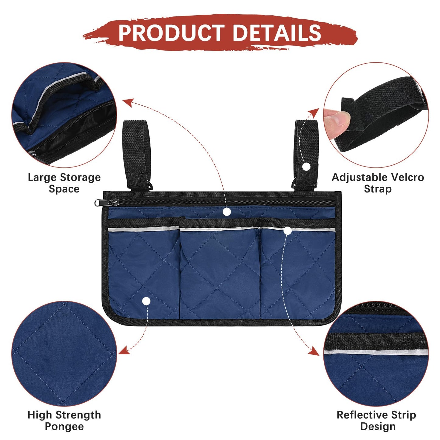 TIXIPEM 1-Pack Beach Chair Armrest Bag 12.8"x7" Polyester, Dark Blue