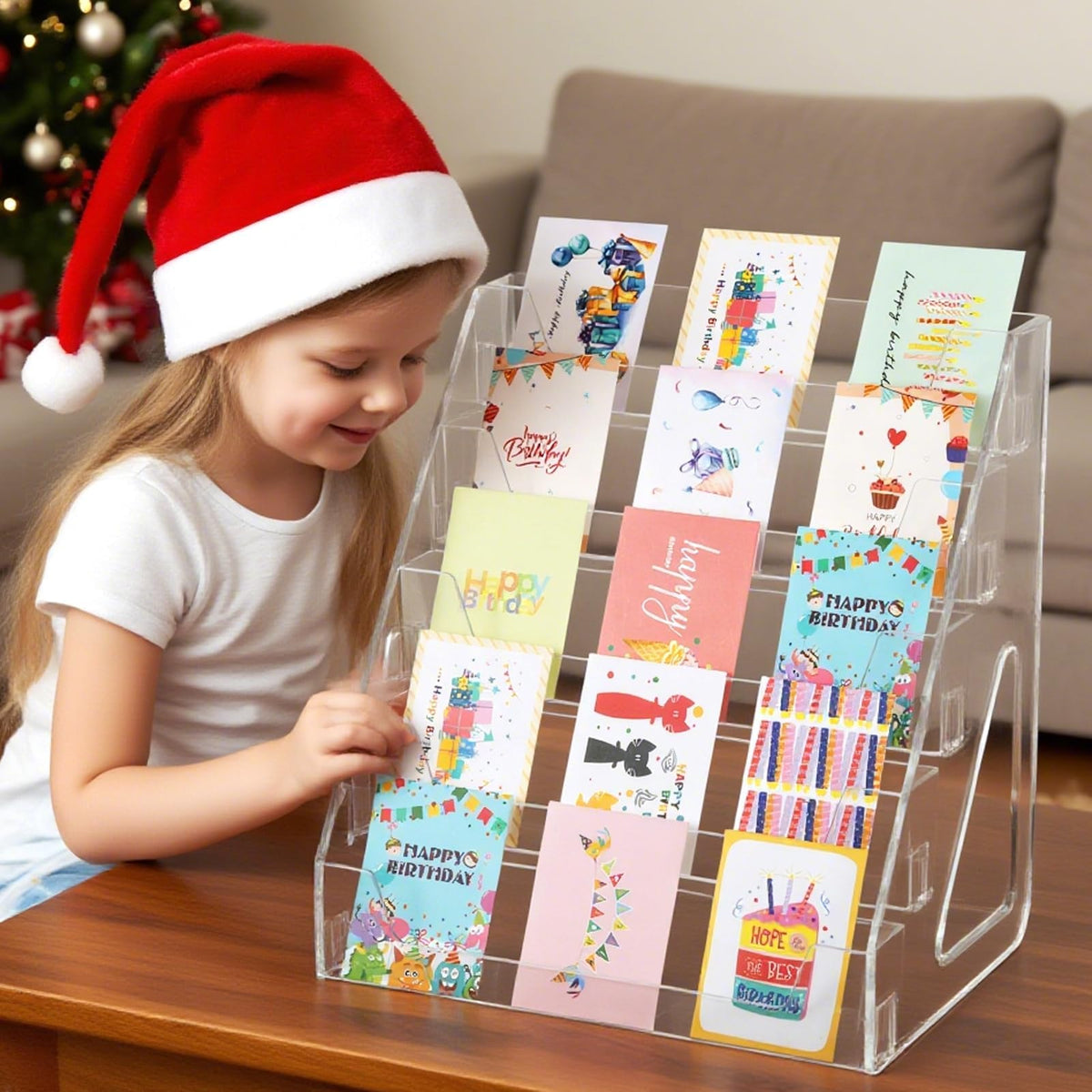 YEXEXINM Greeting Card Display Stand, 5 Tier Heighten Acrylic Card Display Rack Clear Storage Sticker Organizer Bookmarks Stamp Postcard Mail