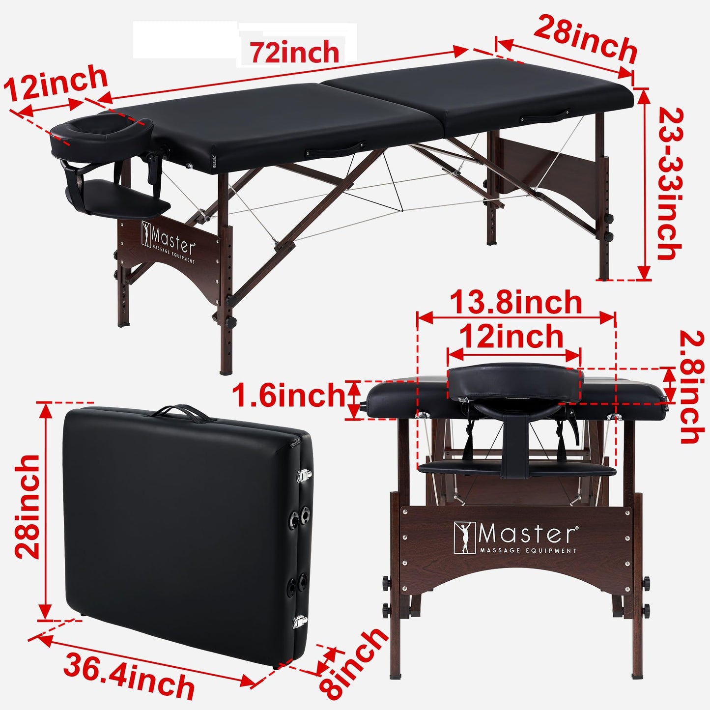 Master Massage 71 cm Argo Portable Massage Table in Black with Walnut Legs - Ideal for Spa Treatments, Tabletop Exercises, Beauty, Tattoo