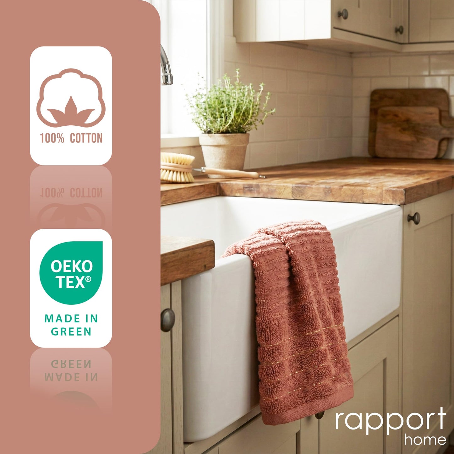 Rapport Home 2-Pack Linear Hand Towels | 50x85cm 100% Cotton 500GSM | Absorbent & Soft Bathroom Towel Set | Oeko-Tex Certified | Rose Red
