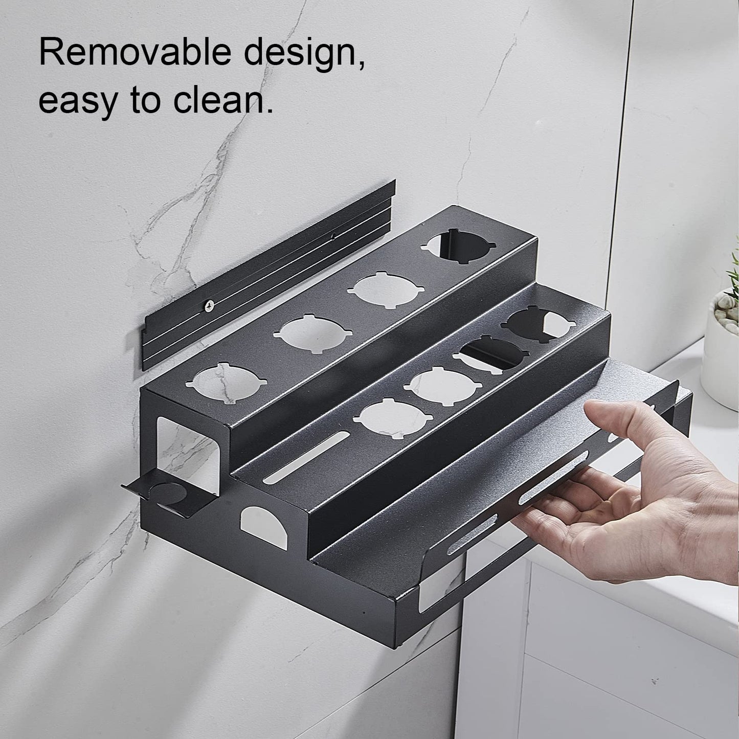 Hosoncovy Metal Wall Mount Holder Organizer Stand Storage Rack with Towel Holder Tabletop Organizer for Dyson Airwrap Styler and Brushes (Black)