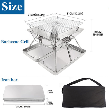 KAHEIGN Stainless Steel Fire Pit, Foldable BBQ Grill Rack Portable Campfire Pit Liftable Wood Burning Charcoal Grill for Camping Picnic Patio Backyard