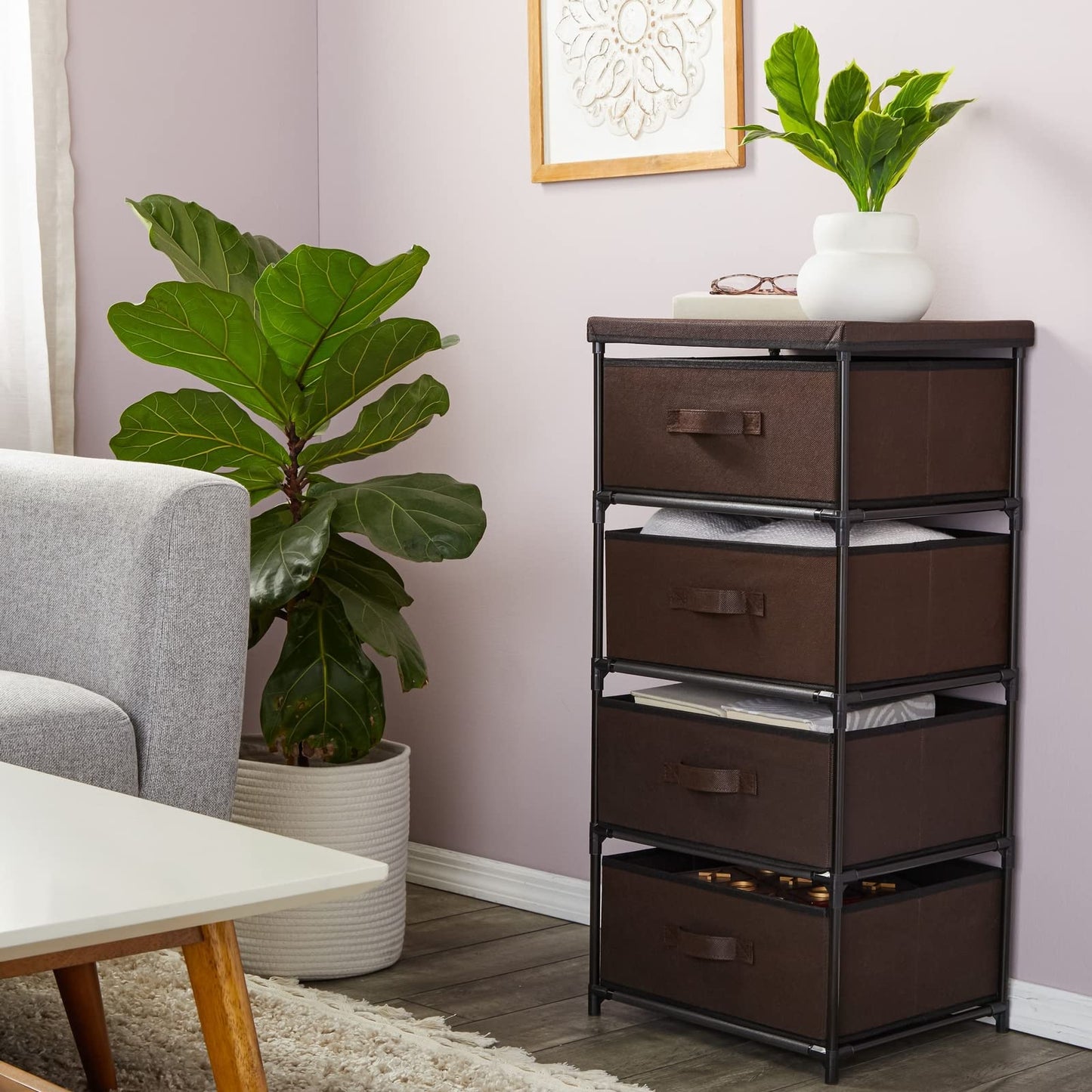 Juvale 4 Drawer Dresser for Bedroom, Clothes Organizer Fabric Storage Tower for Clothing, Linens, Closet (Dark Brown, 16.5 x 33 in)