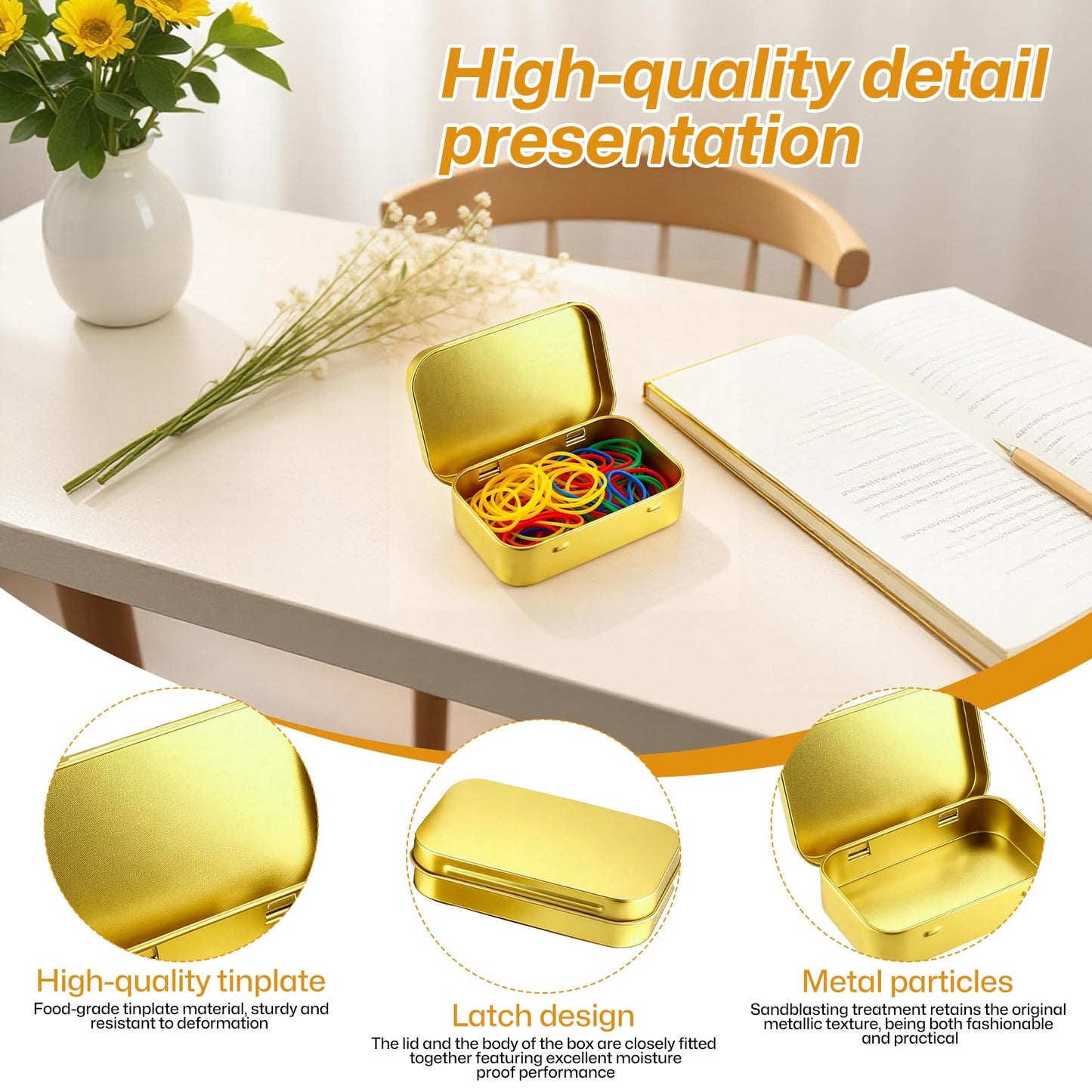 TFLPUO 8 PCS Small Tins with Lids, Mini Golden Metal Storage Tin Rectangular Hinged Tins Small Box Containers for DIY Gift Cards Candy Coin mini Items