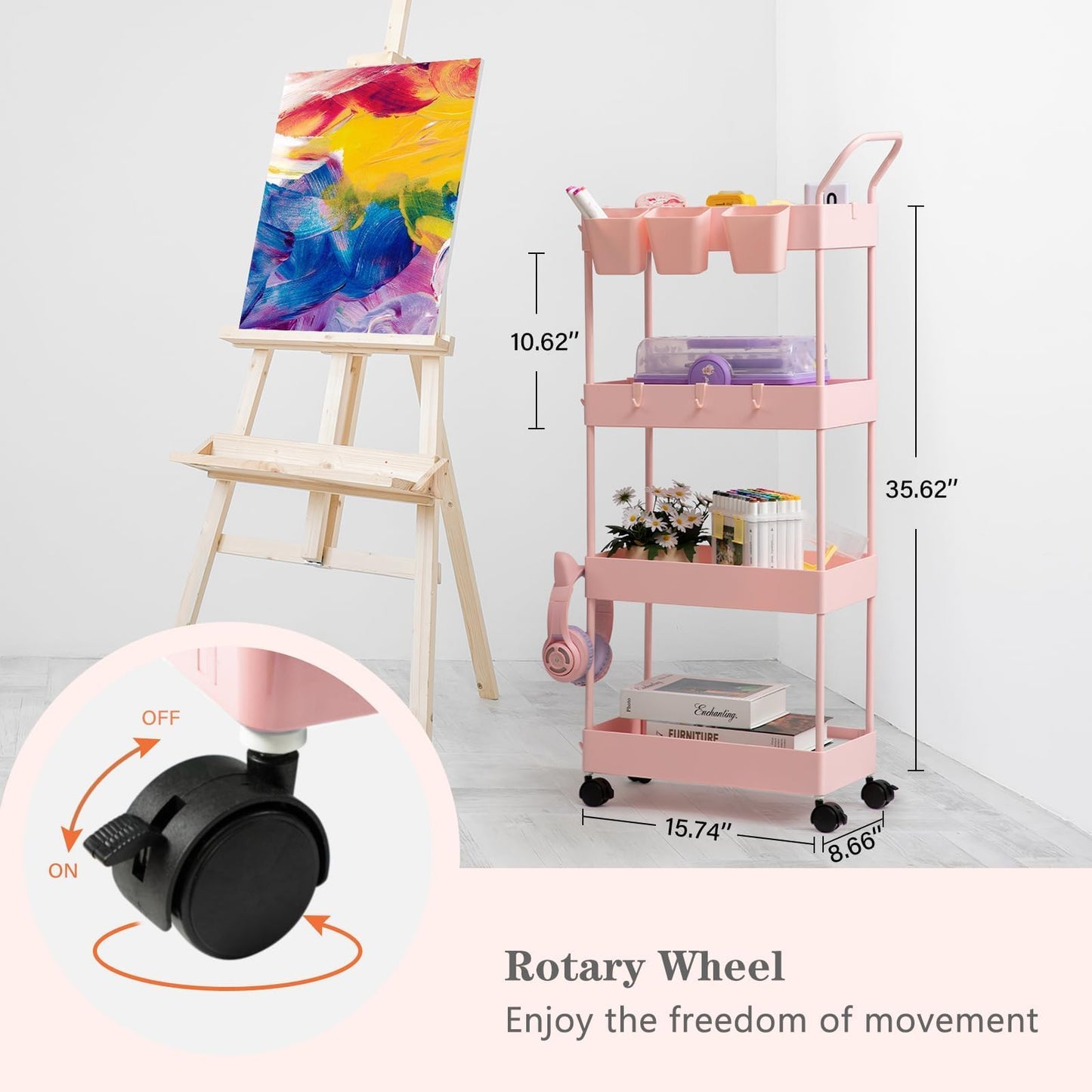 danpinera 4-Tier storage trolley, storage trolley on wheels, beauty trolley with Dividers & Hooks & Hanging Cups, kitchen trolley