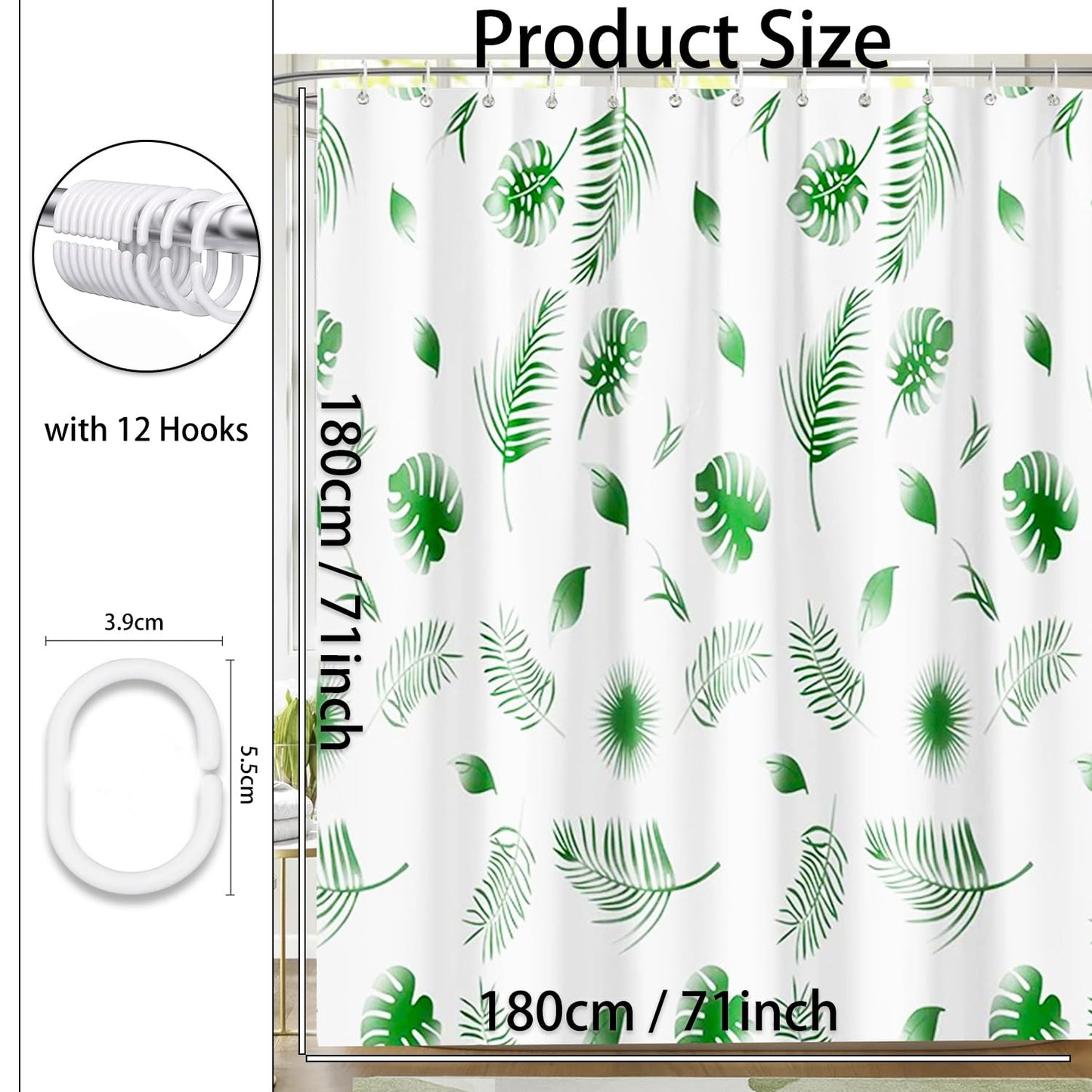 zhaoyeqing Shower Curtain Mould Proof Mildew Resistant - Bathroom Curtain with 12 Hooks - Waterproof Fabric Bathtub Curtain, Washable, Quick Dry