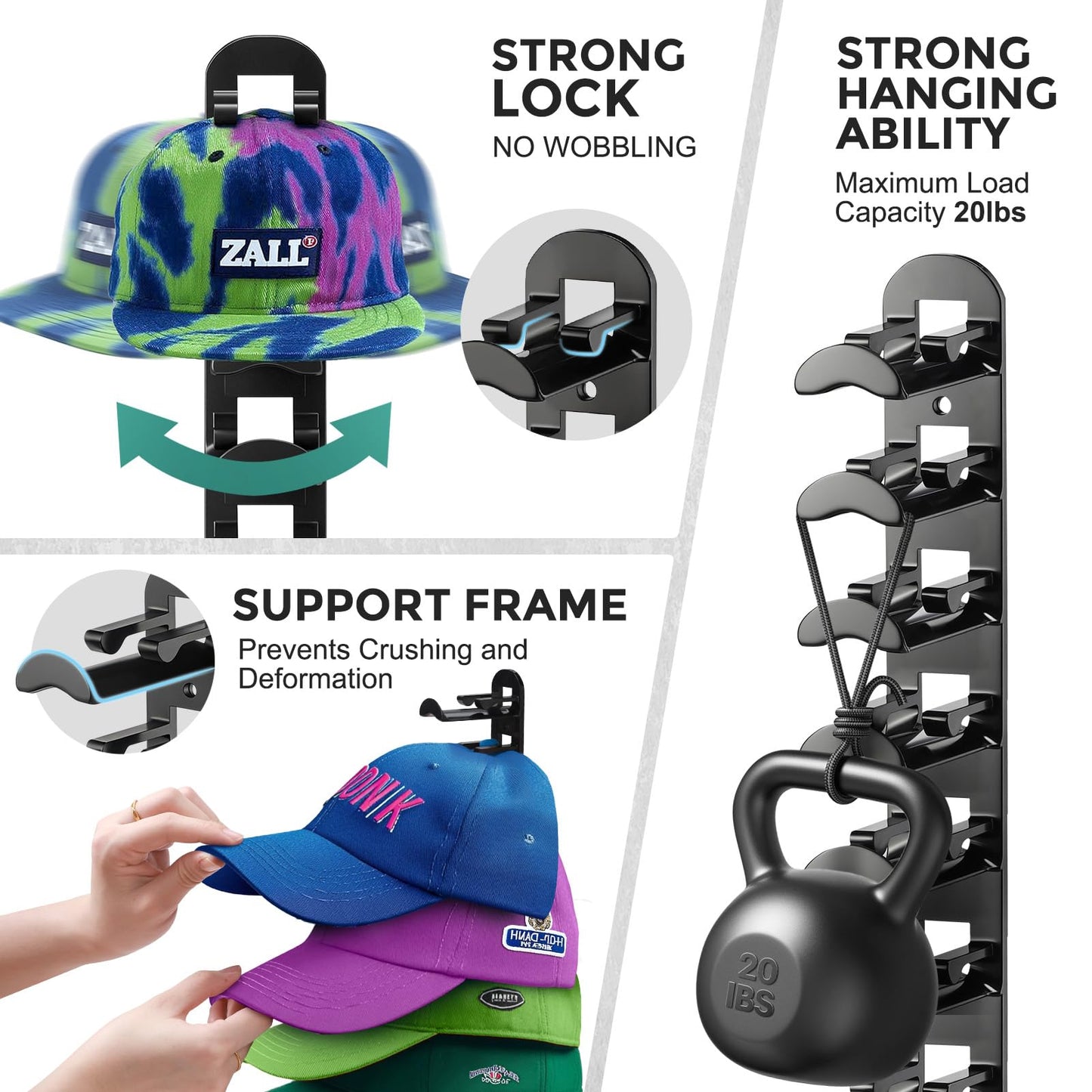 Jcocylse Hat Storage for Wall Mount – Baseball Cap Storage & Cap Holder, Space-Saving Hat Rack with Hooks for Hanging Caps (Black)