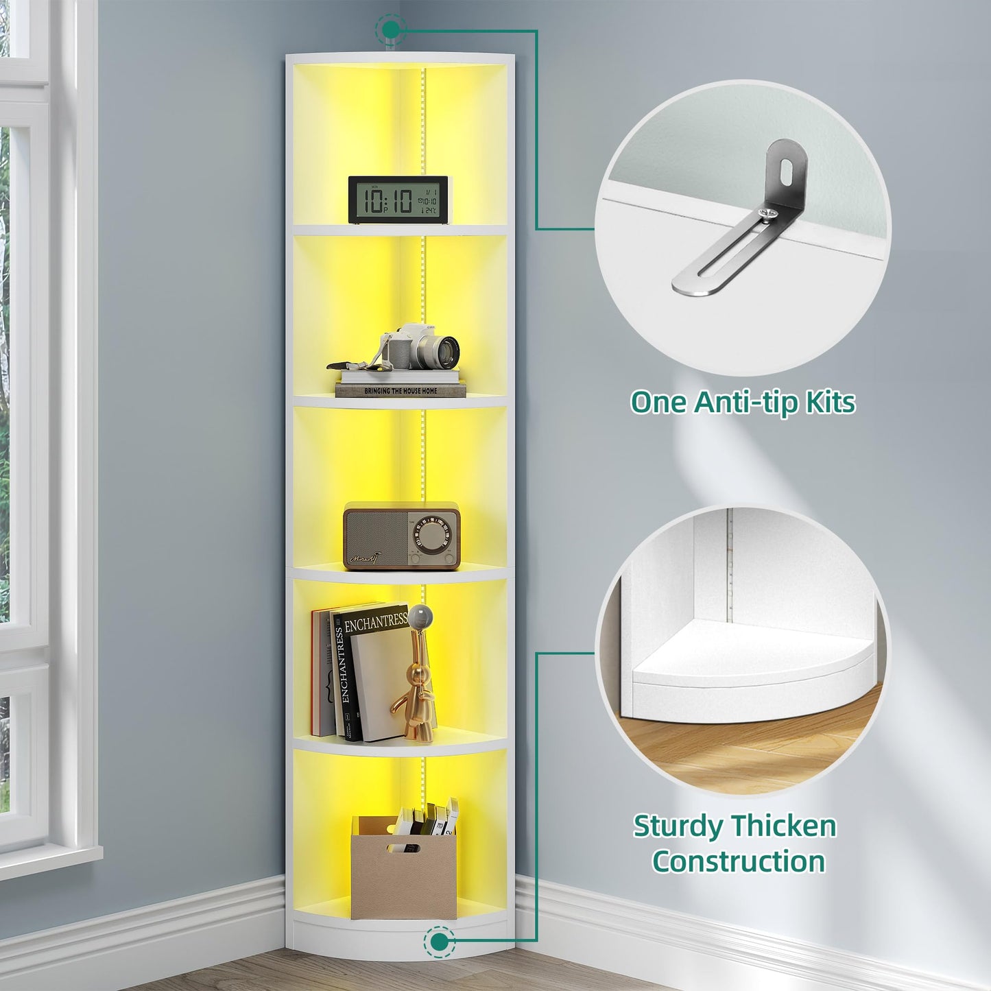 YITAHOME 5 Tiers BookShelf, Corner Bookshelf with LED Lighting, Corner Bookcase Unit, Bluetooth Music Synchronisation, Display Cabinets for Bedroom