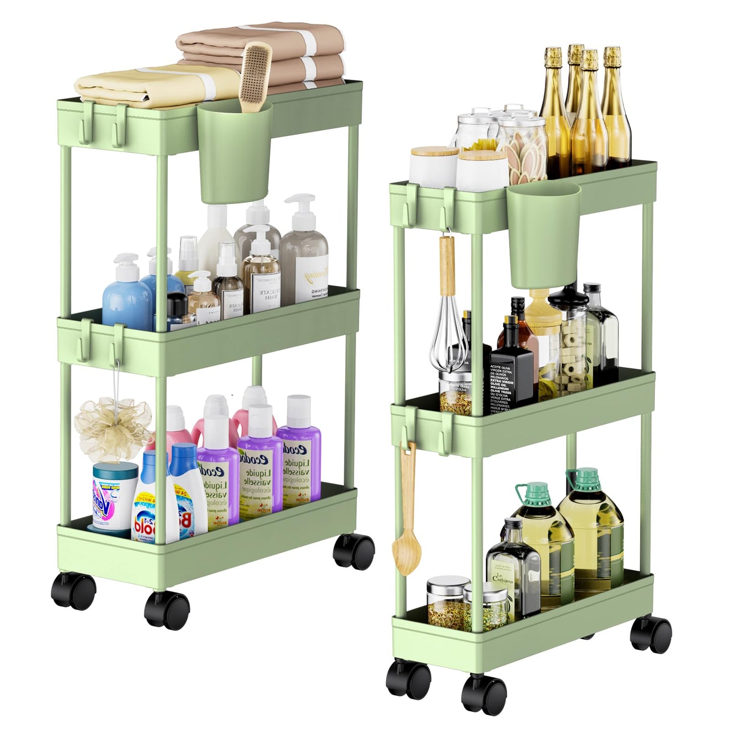 Shrivee 2 Extra Narrow Kitchen Trolley on Wheels 3 Levels Mobile Lightweight Carts Organizer for Toys (Green)