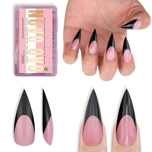 NOVO OVO Black French Tip Sharp Stiletto Pointed Medium Long Nail Tips Press on Berry Pink, Extra Thick Soft Gel Fake Acrylic Extension, Full Cover