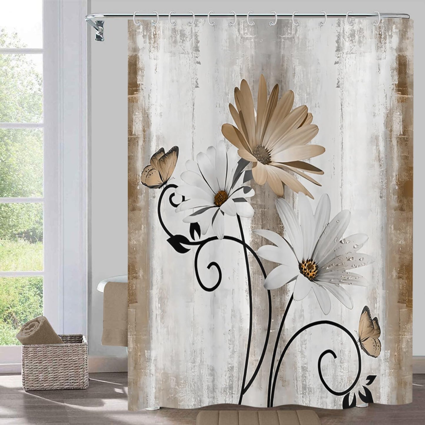 Hnmdmyi Farmhouse Floral Shower Curtain 180x200, Rustic Brown Daisy Flowers and Butterfly on Country Wooden Board Bathroom Curtains Waterproof