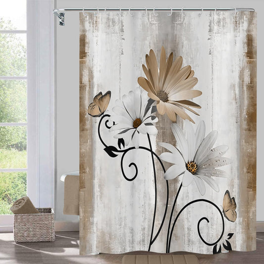 Hnmdmyi Farmhouse Floral Shower Curtain 180x200, Rustic Brown Daisy Flowers and Butterfly on Country Wooden Board Bathroom Curtains Waterproof