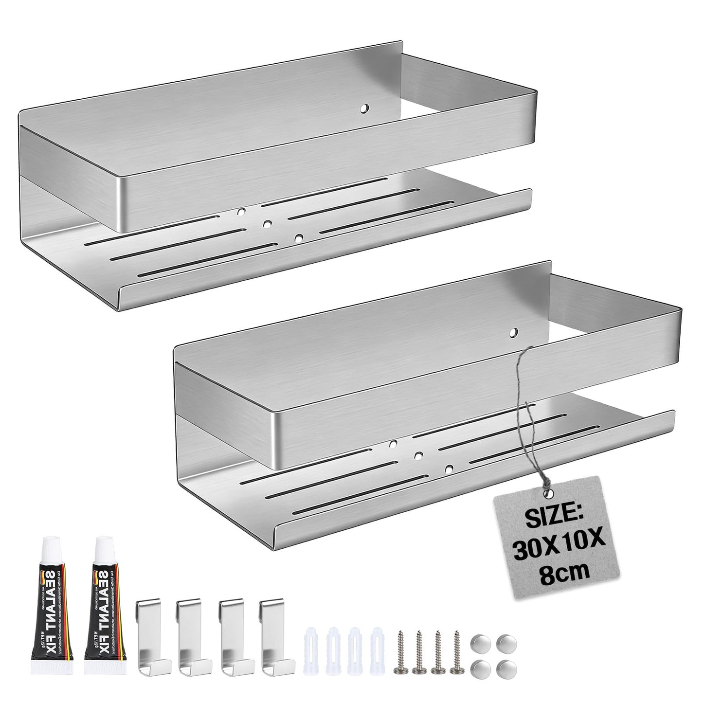 EXLECO 2 x 30 cm Shower Shelf No Drilling Shower Shelf Wall Stainless Steel Bathroom Shelf with 8 Hooks Shower Basket for Drilling Bathroom Shelf