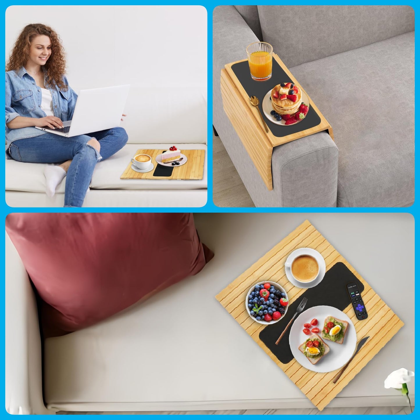 Bamboo Sofa Arm Tray Table - Anti-Slip Foldable Couch Sofa Armrest Tray, Removable Large Couch Cup Holder for Drinks Cup Cellphone Remote Snacks