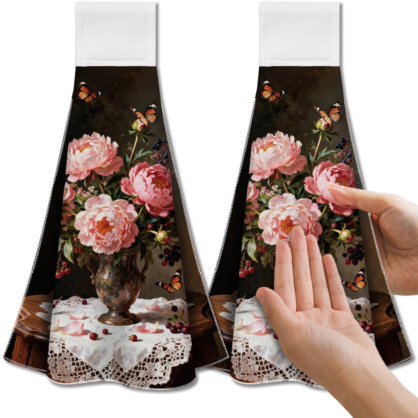 CUTHOLLOW 2 Pcs Pink Flower Oil Painting Hanging Kitchen Towels with Loop