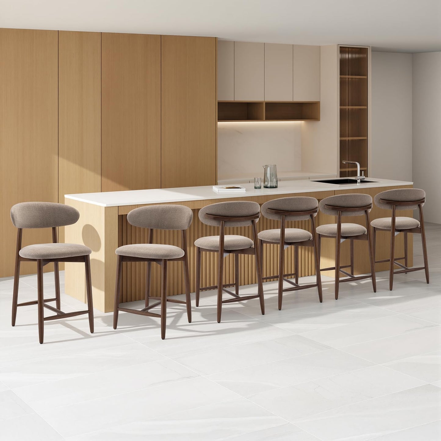 COLAMY 6PCS Counter Height Bar Stools with Back, Modern Upholstered Bar Chairs with Ergonomic Backrest & Footrest, Rubberwood Frame