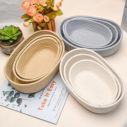 Cotton Rope Storage Baskets Set of 3 - Woven Storage Baskets for Organization, Available in White Grey Beige Gray