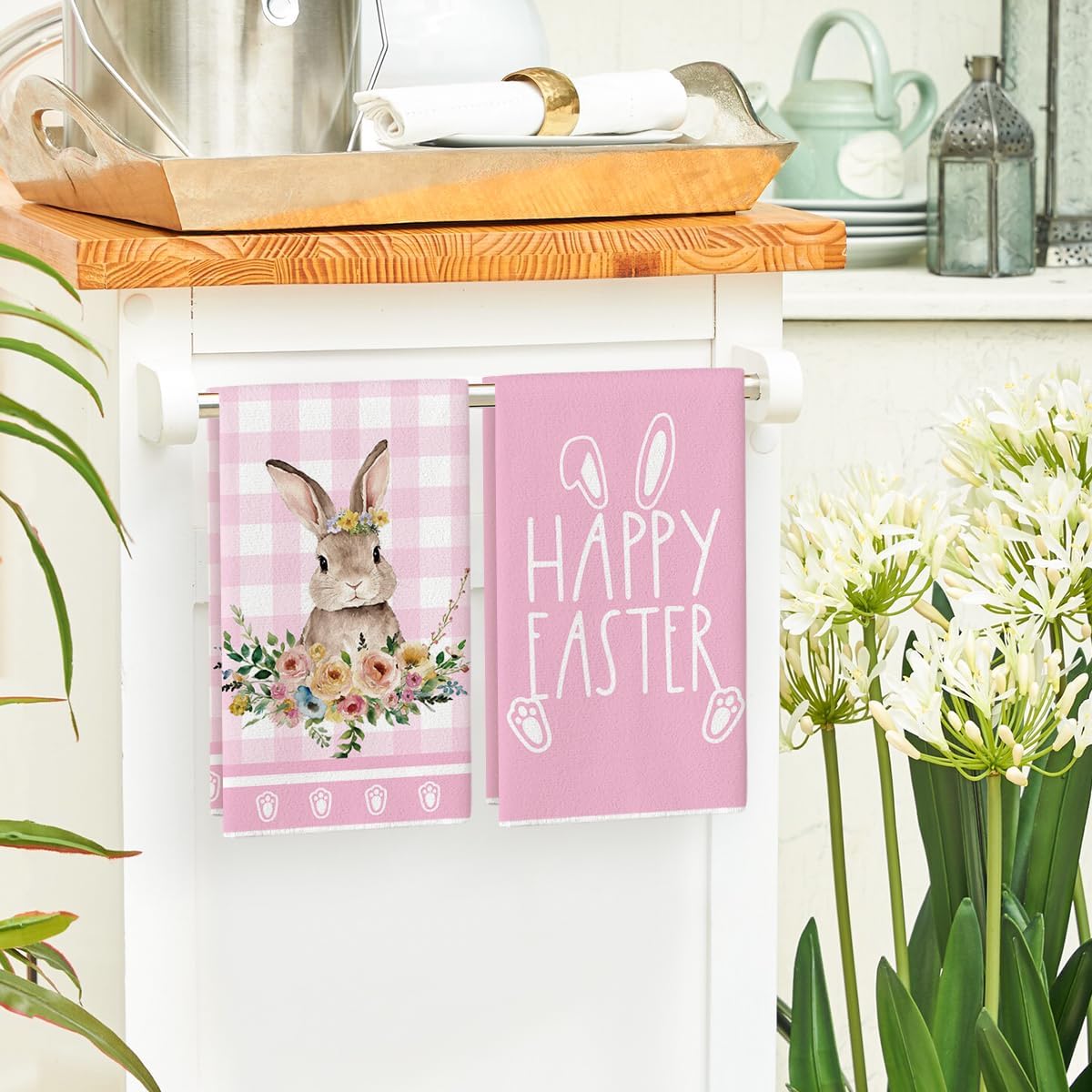 Artoid Mode Pink Buffalo Plaid Flowers Rabbit Happy Easter Kitchen Towels Dish Towels, 42x65 cm Spring Polyester Decoration Hand Towels Set of 2