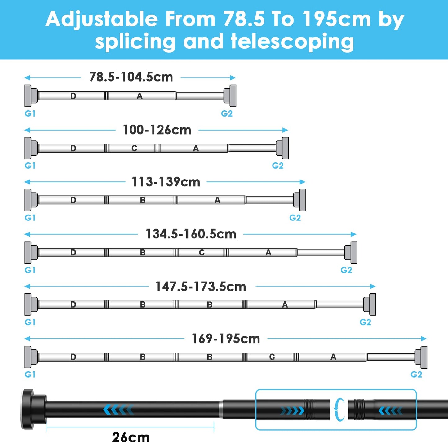 2PCS WEIXINHAI Shower Curtain Pole,Extendable Curtain Poles 79-195 Cm,Shower Poles Extendable No Drill,Shower Curtain Rail Non-Slip,Black Shower Pole