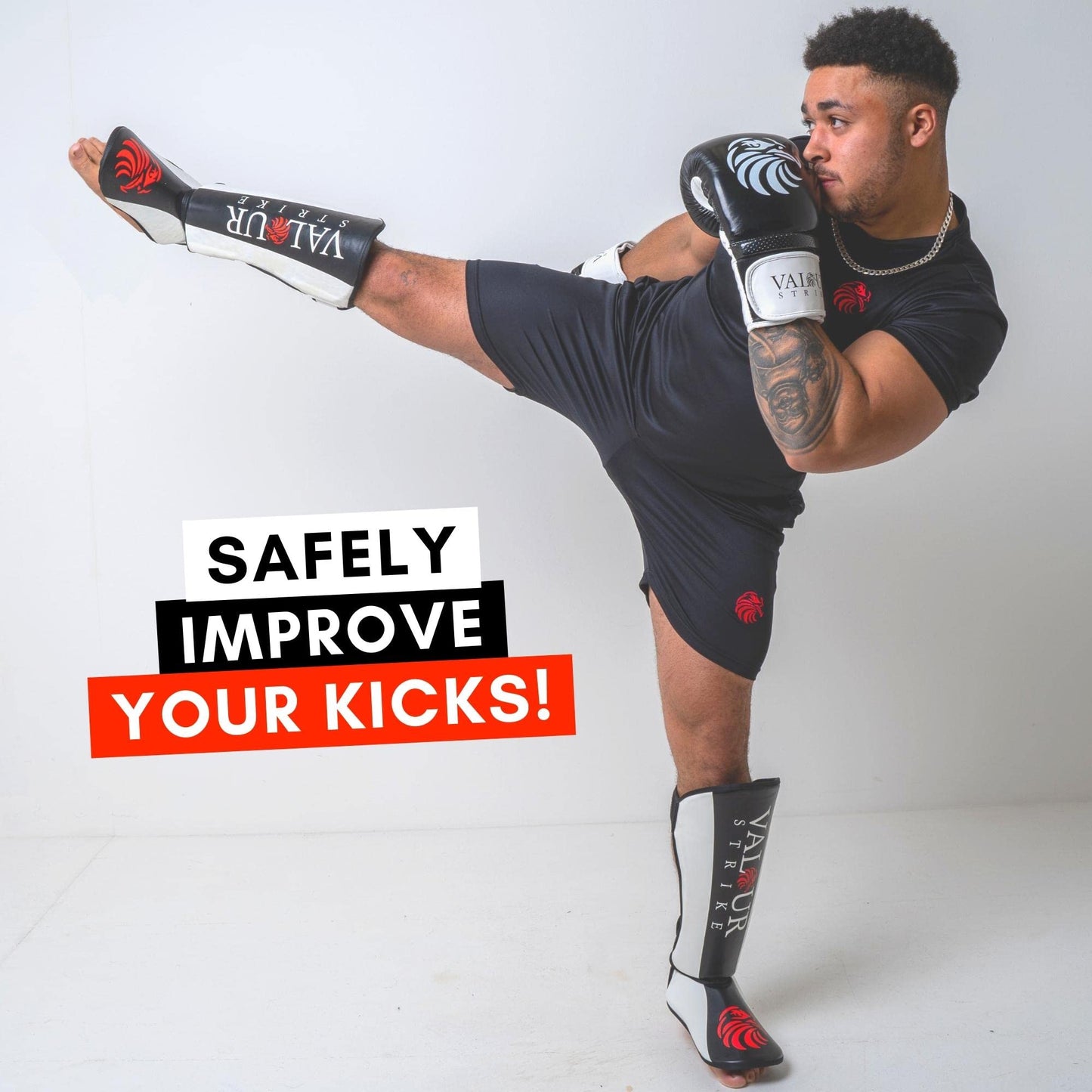 Valour Strike Shin Guards for Kickboxing Muay Thai MMA Karate Martial Arts Taekwondo or Kick Boxing | Sparring Pads to Guard Leg Foot & Instep |