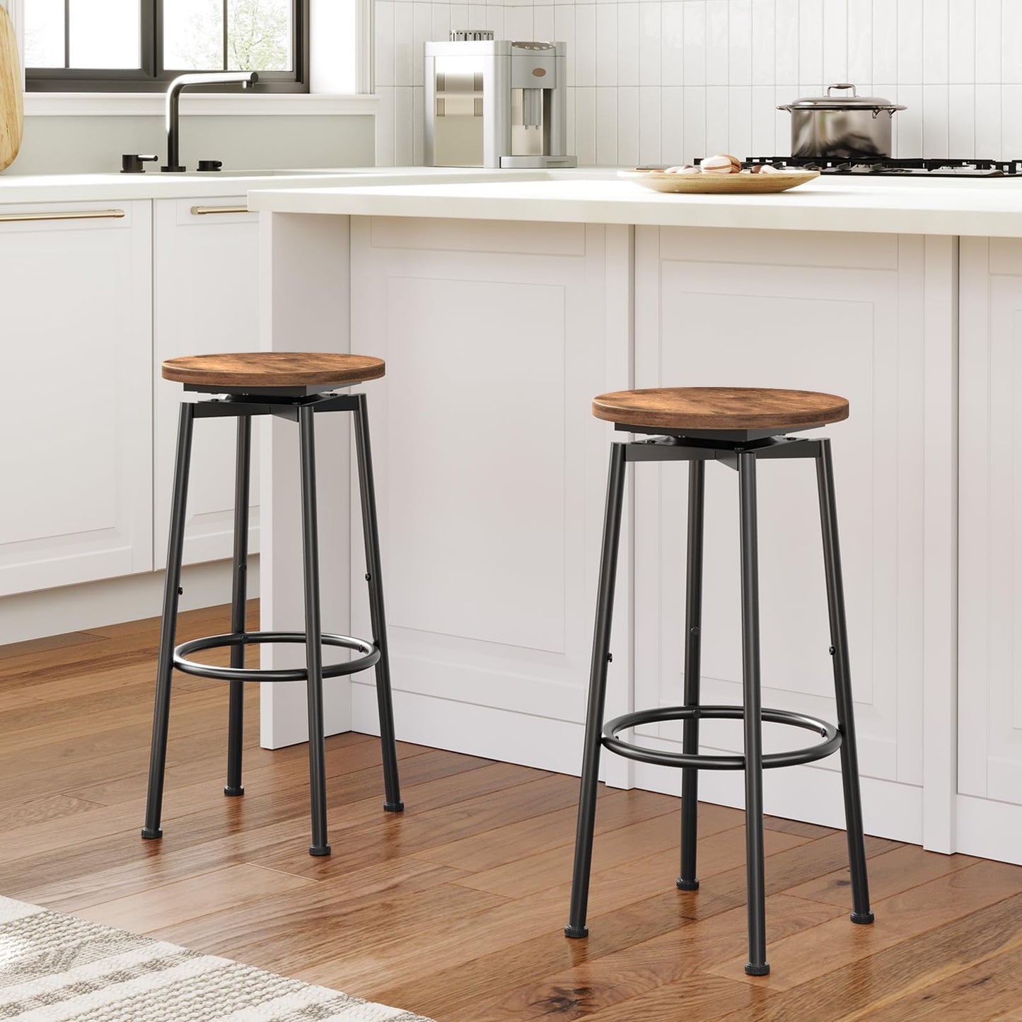 HOOBRO 360 Swivel Bar Stools Set of 2, Round Kitchen Breakfast Stools, Bar Chairs with Footrest, for Kitchen Islands, Cafe, Counter