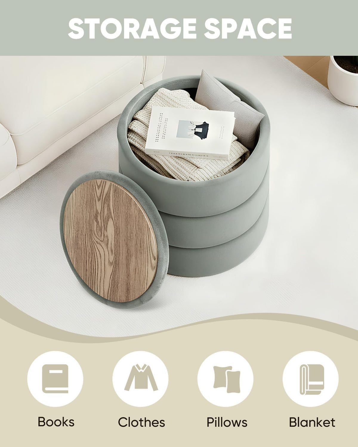 Bonlife Storage Ottoman Round - Folding Foot Rest with Hidden Storage, Sage Velvet 39x39x37cm for Living Room, Bedroom & Hallway