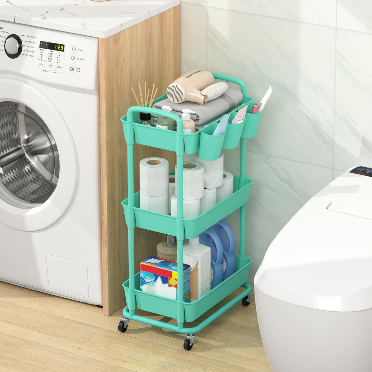 JIUYOTREE 3-Tier Plastic Rolling Storage Cart Utility Cart Green