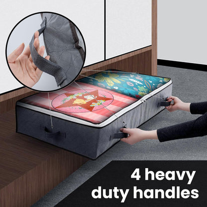 HUSAIHU 90L Underbed Storage Bags, 2 Pack Large Under Bed Box with lid, Foldable Clothes Bag 4 Reinforced Handle, PVC Window for Quilts, Blankets