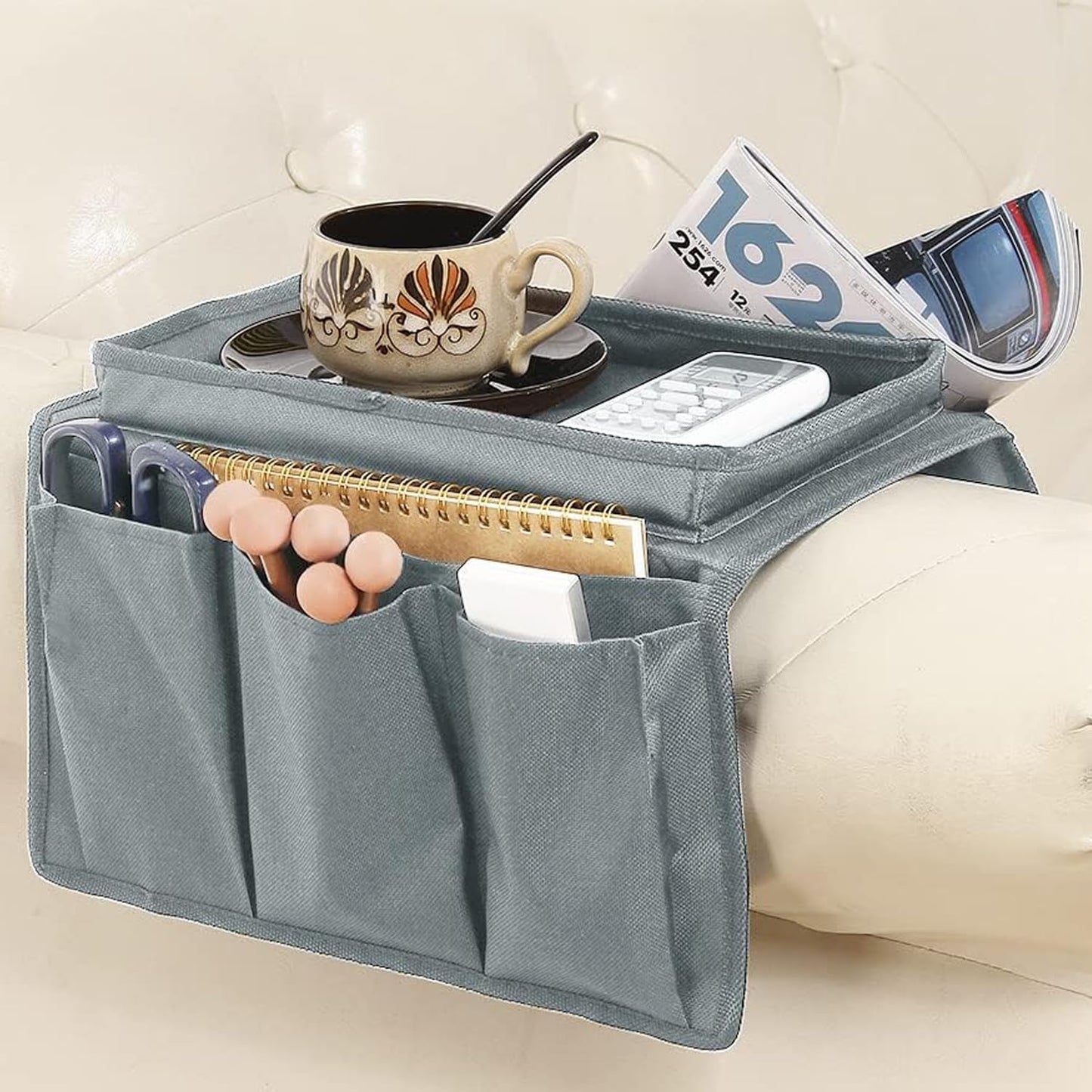 Sofa Armrest Organizer Candy Organizer with Tray & 5 Pockets, Foldable Couch Arm Rest Storage Bag Sofa Armchair Hanging Storage with Cup Holder for