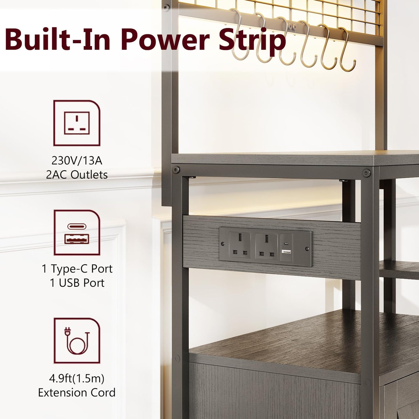 MUTUN Bakers Rack with Power Outlet, 6-Tier Kitchen Storage Rack with 6 S-Hooks, Microwave Stand Coffee Bar for Kitchen Dining Room