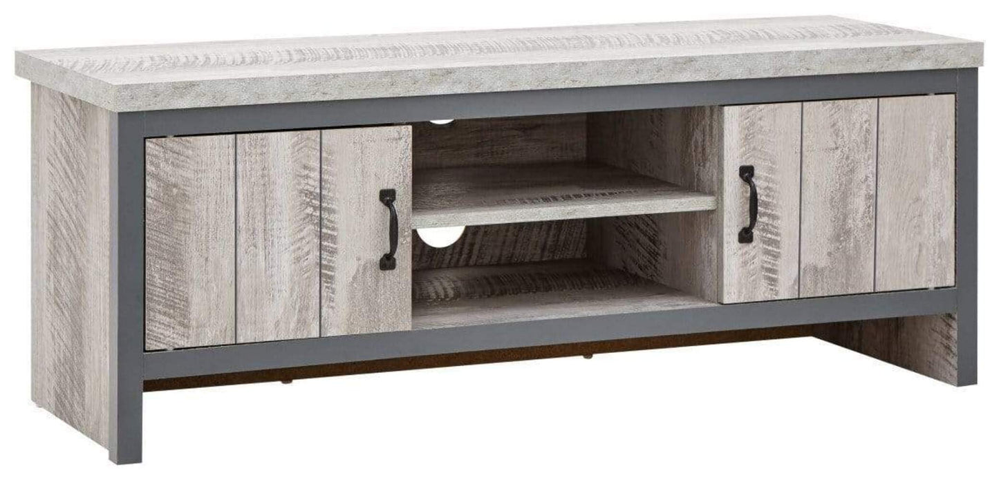 GFW Boston Grey Wood Effect TV Cabinet, 2 Door TV Unit with Open Media Shelf, Industrial Entertainment Stand for Living Room