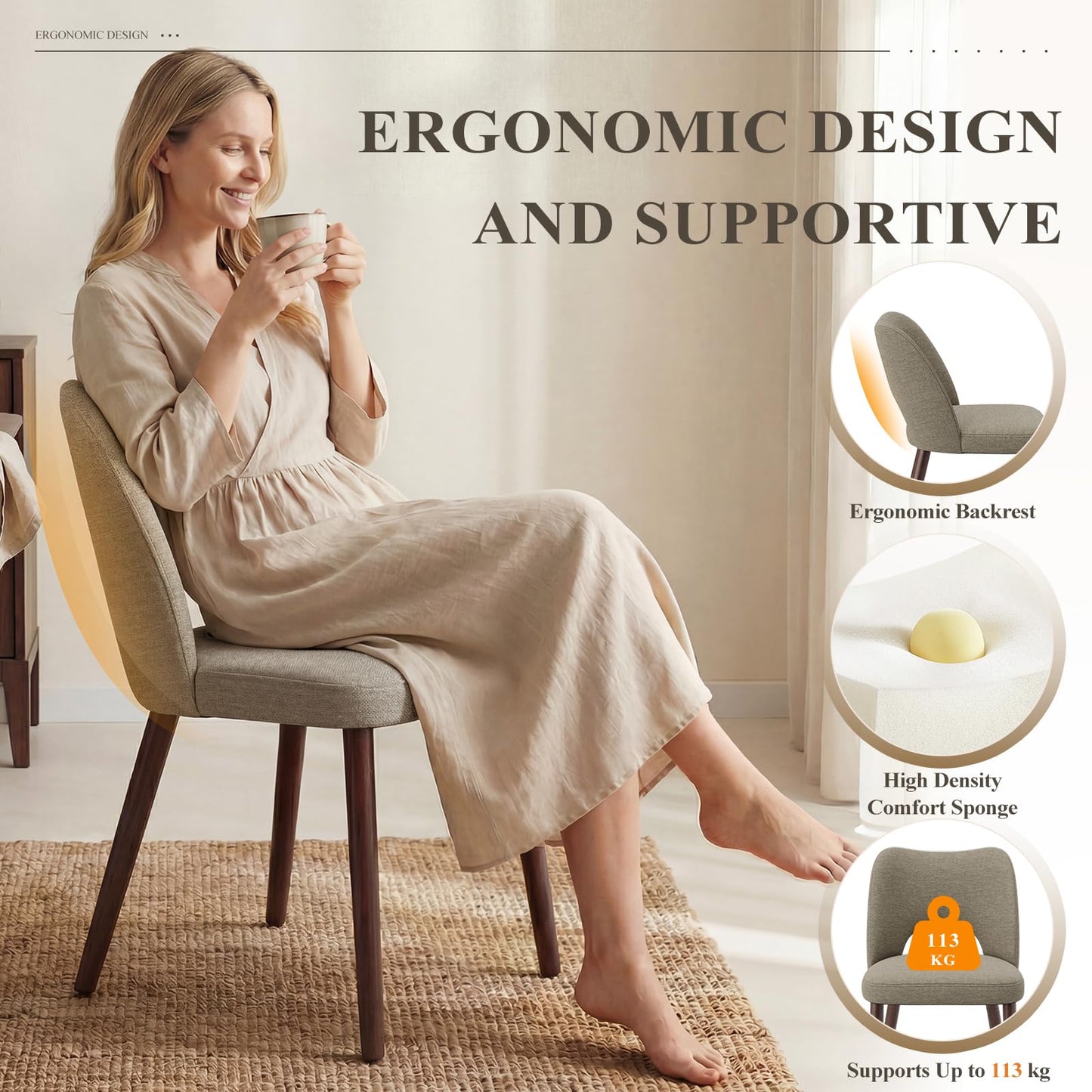 MALOL Upholstered Dining Chairs Set of 4, Fabric Chairs for Dining Room with Solid Wood Legs, Hollow Backrest and Thick Seat Cushion