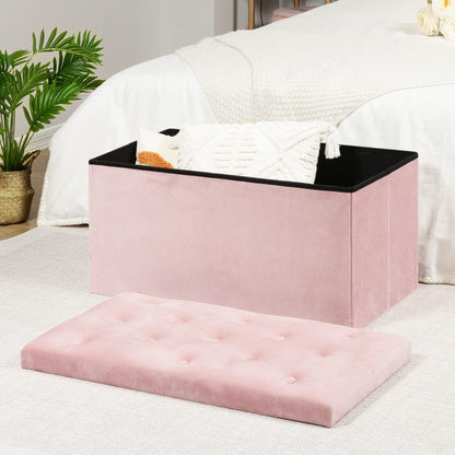 Bonlife Pink Folding Velvet Ottoman Storage Bench,Footrest Stool Seat,Toy Chest Storage Box with Lid,Footstool for Living Room,80x40x40cm
