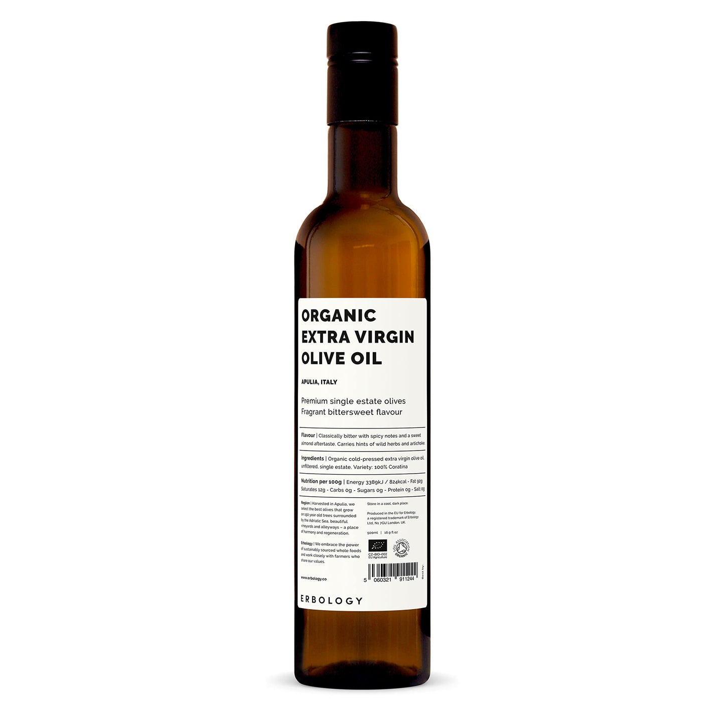 Erbology Organic Extra Virgin Olive Oil 500ml - Early Harvest - 742 mg/kg Polyphenols - 0.15% Free Acidity - 100% Coratina Olives Hand-Picked and