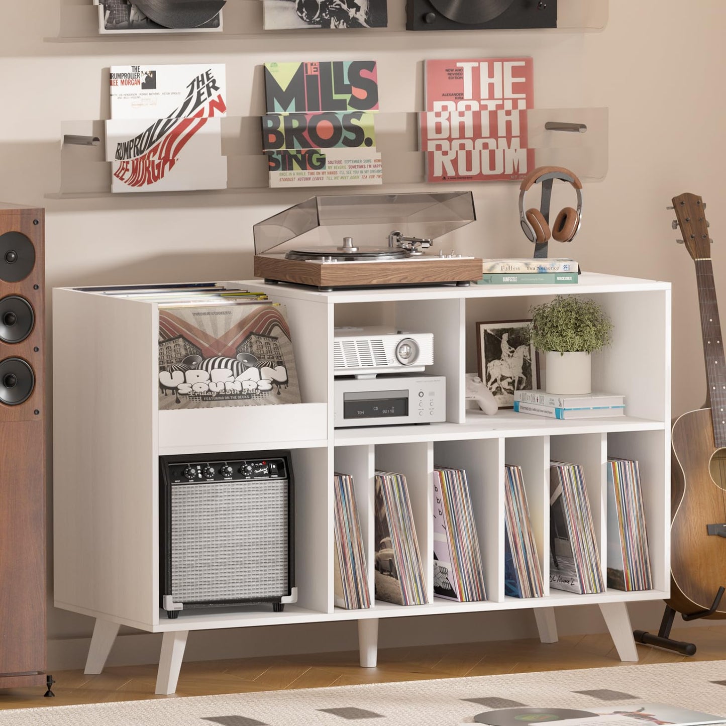LELELINKY Large Record Player Stand, Turntable Stand with Storage, Vinyl Holder with Display Area, Record Player Table Holds Up to 450 Albums