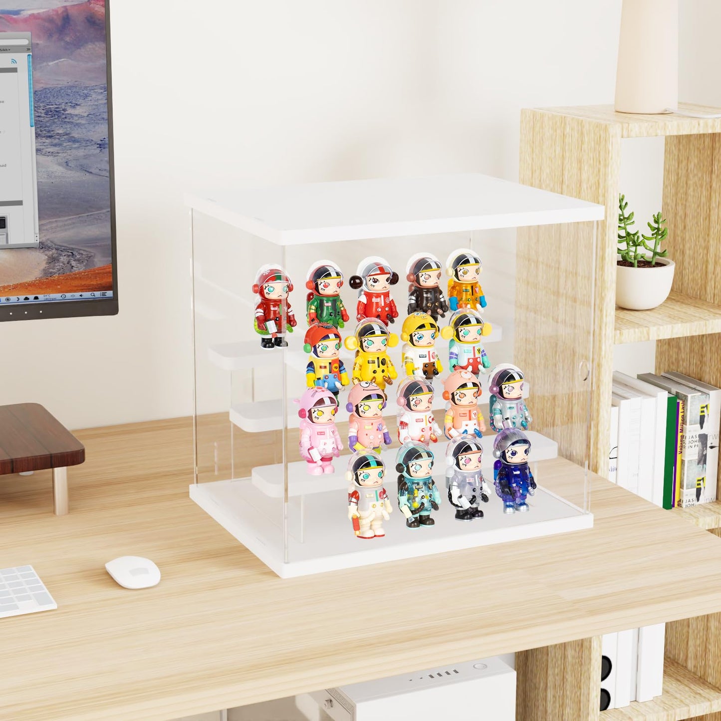 Nynelly 4 Tier Clear Acrylic Display Case for Models, Mini Figures, Pop Mart, Labubu, Sonny Angel, Smiski - Assemble Dustproof Display Box with Door