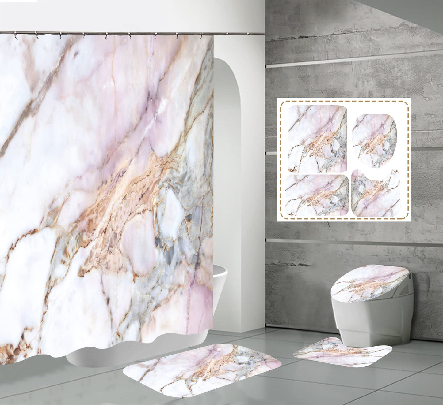 YULUOSHA 4 Pcs Marble Texture Shower Curtain Set with Non-Slip Rugs, Toilet Lid Cover and Bath Mat Natural Marble Abstract Shower Curtain Bathroom