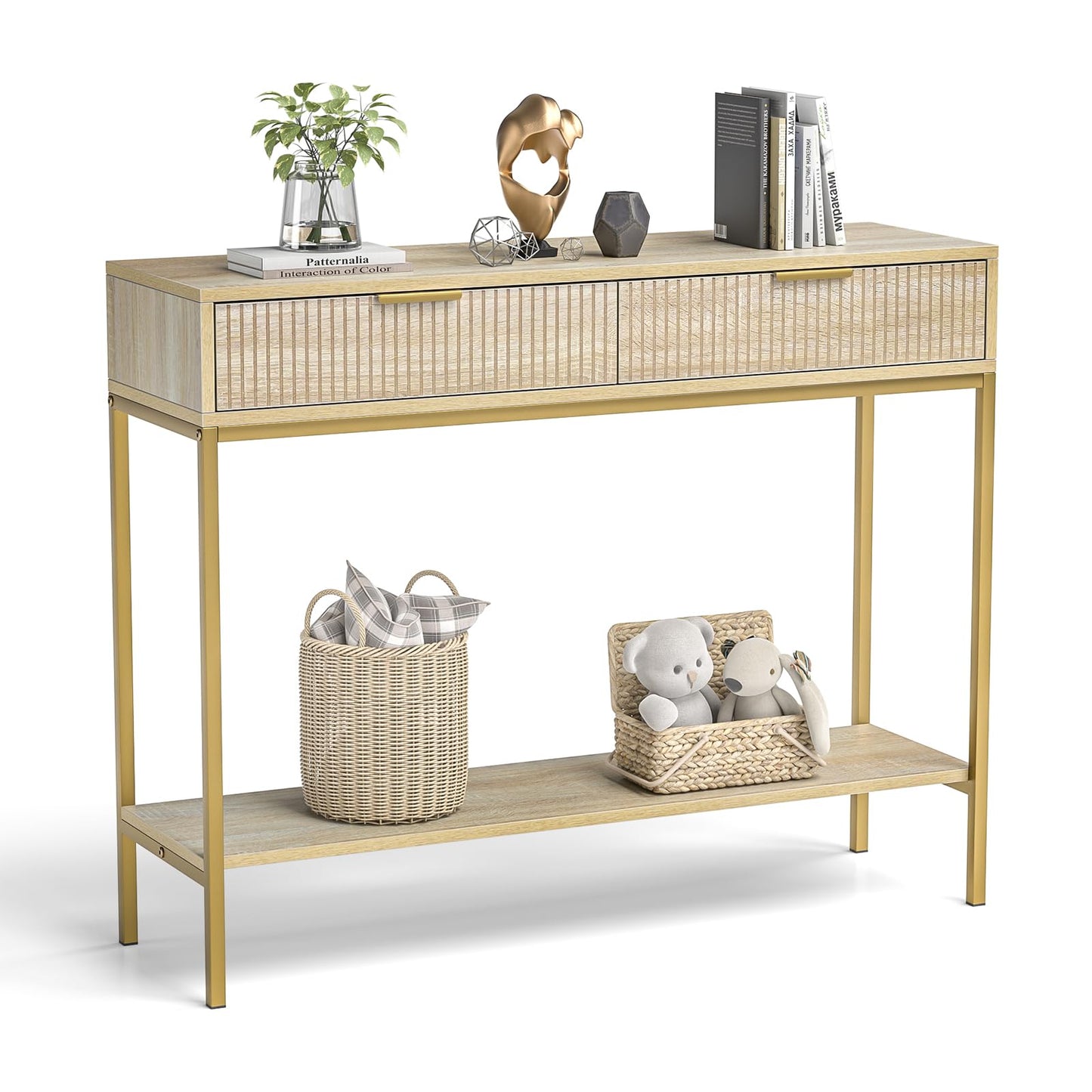 Skokliz Console Table with Storage, Wood Entryway Table with 2 Drawers, Narrow Long Sofa Table Hallway Foyer Table with Storage Shelves Behind Couch