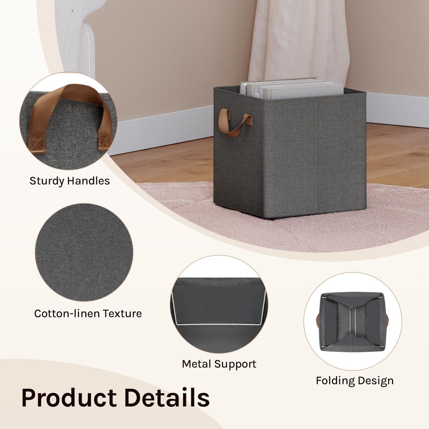 WOLTU Storage Boxes Set of 3, Storage Baskets, Folding Wardrobe Cube Boxes, with Handle and Metal Frame, for Living Room/Bedroom/Study, Linen
