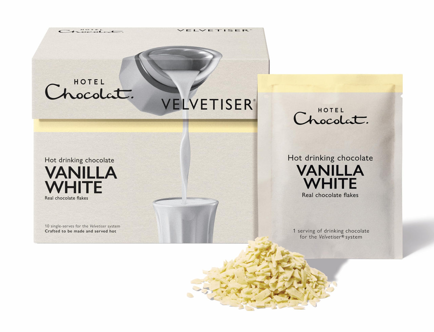 Hotel Chocolat Vanilla-White Hot Chocolate Sachets - Luxury Chocolate Flakes - Pack of 10 Single-Serve Sachets, 310g - Suitable for Vegetarians
